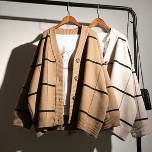 韩版宽松格子毛衣开衫