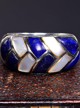 庭院天然青金石贝母925银戒指