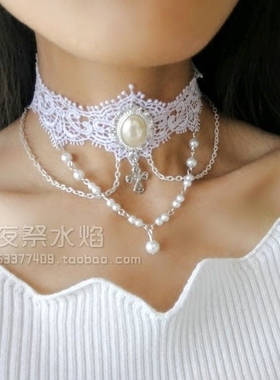 欧式花纹白色新娘串珠蕾丝项链