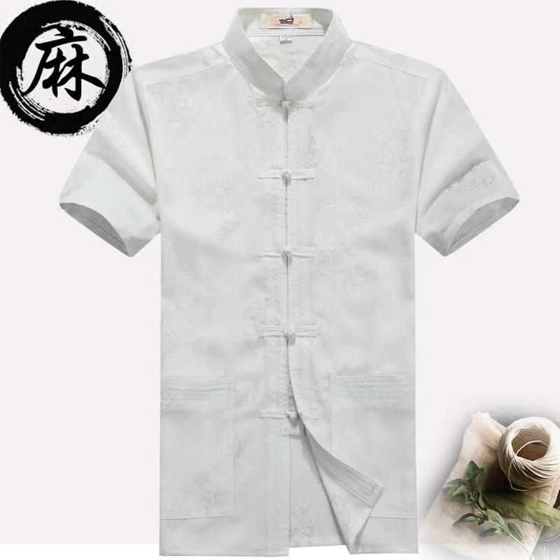 中国风爸爸夏装中老年唐装男短袖上衣中式大码夏季棉麻衬衫爷爷装 - 图1