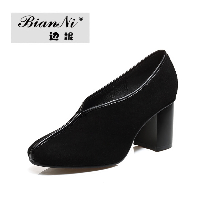 边妮旗舰店年秋款高跟鞋法式复古奶奶鞋羊皮粗跟单鞋新款女鞋子V口潮流1