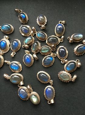 尼泊尔拉长石花边925银蓝光吊坠