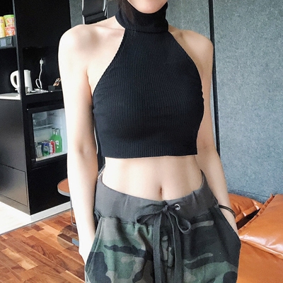 DQSTORE挂脖削肩针织露背露脐性感修身背心