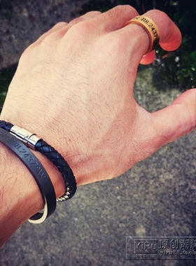 黑色牛皮磁铁扣钛钢男士韩版手环