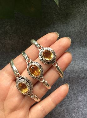 尼泊尔黄水晶925银复古风手镯