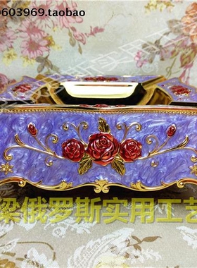 ZK-3特价俄罗斯锡金属属烟灰缸正方形金边紫色红玫瑰花厚重礼盒装