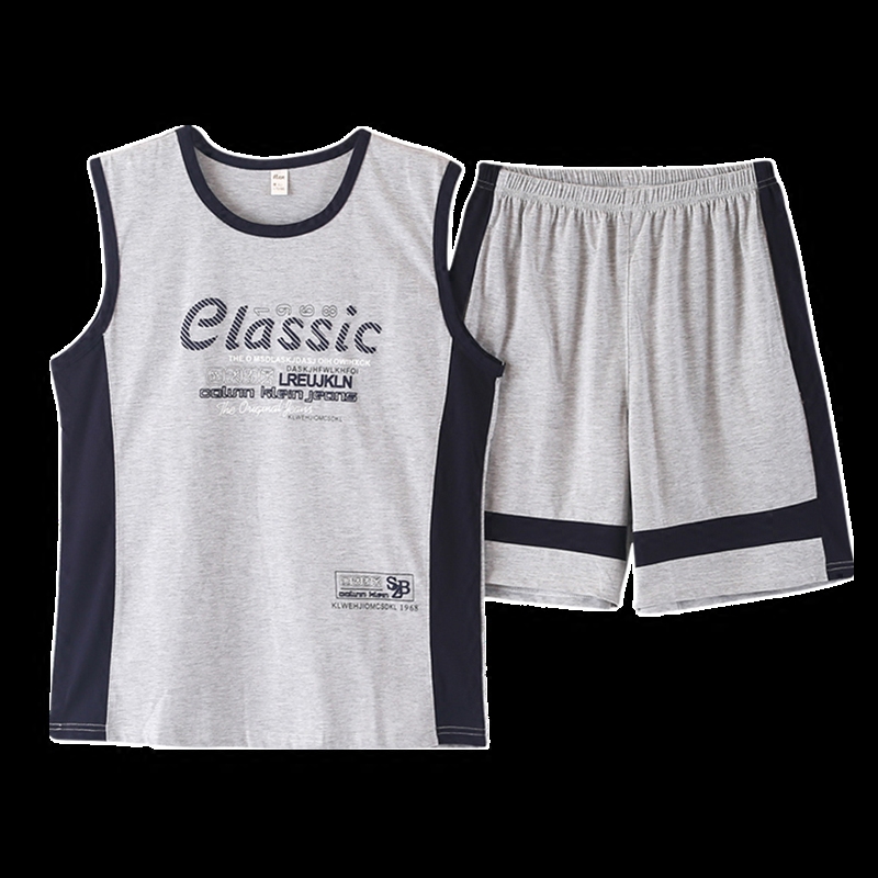 男士睡衣夏季纯棉无袖背心短裤套装加肥加大码