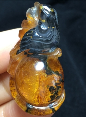 水晶俏色雕刻喜上眉梢毛衣项链