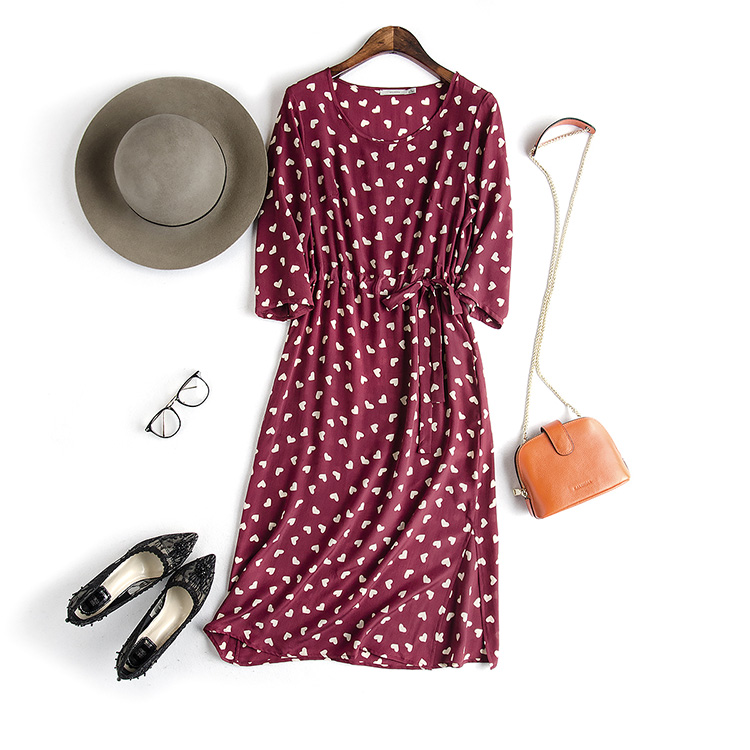 多色2018新款桑蚕丝印花圆领系带抽绳长裙波