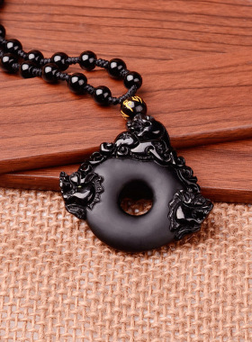 黑曜石貔貅平安扣水晶吊坠