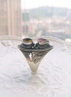 古玩孤品通透艳丽风红碧玺银戒指