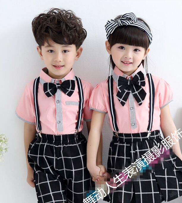 男孩短袖襯衫黑色西裝短褲揹帶褲領結兒童演出服合唱服舞蹈服
