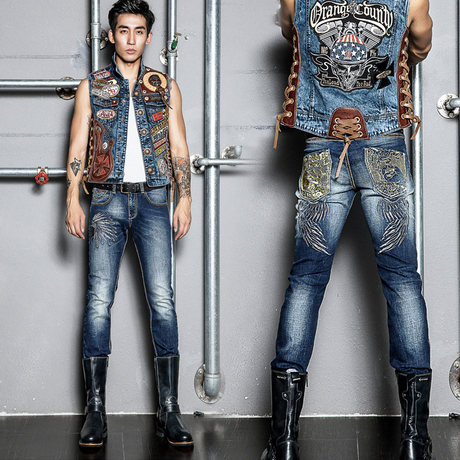 anti-fall retro embroidery riding jeans men