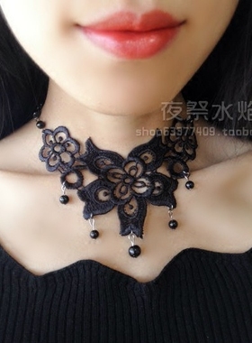 哥特风镂空花朵遮疤痕蕾丝项链
