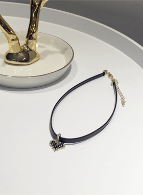 网红少女风撞色马赛克水钻爱心桃心项链 黑色rock个性颈链项圈潮