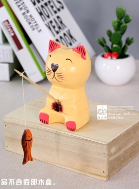 家居装饰品桌面摆件木质小猫钓鱼