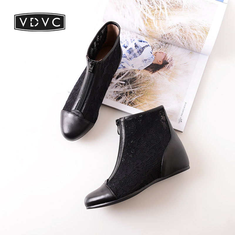 VDVC小众春新款蕾丝中跟坡跟隐形内增高女鞋透气凉鞋网靴凉靴4cm,淘宝优惠券,粉丝福利购,淘宝优惠卷