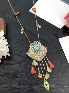 手工复古流苏长款水晶配饰毛衣链