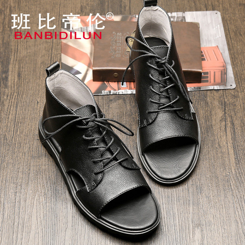 班比帝伦夏季露趾高帮凉鞋男潮真皮凉鞋男士罗