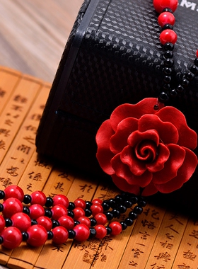 朱砂毛衣链长款女红玫瑰花复古百搭衣服配饰项链挂件秋民族风饰品