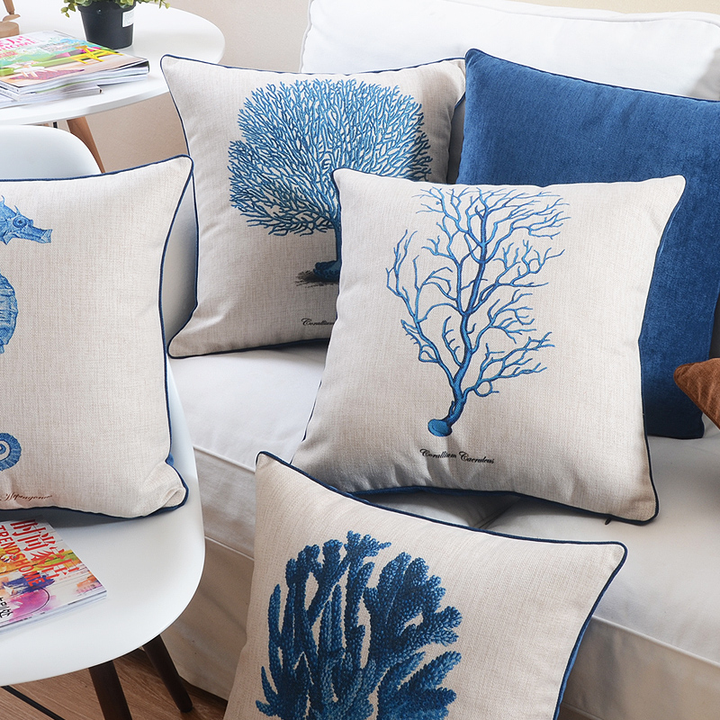 蓝色地中海风格海洋珊瑚海马沙发抱枕棉麻靠垫软装靠枕样板间腰靠 - 图0