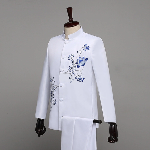 Платье Чжуншан Мужской тонкий хор подводной костюм сине -белый фарфоровый стойки китайские платья принимают певица Si Yis Chorus Clothing