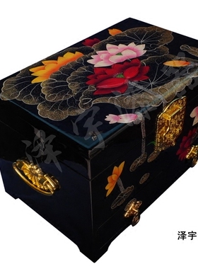 平遥全新黑色表盒推光漆器木质中式结婚收纳荷花28三层包邮带锁