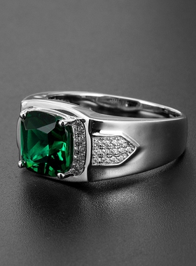 精工品质925银镀金绿宝石男戒指