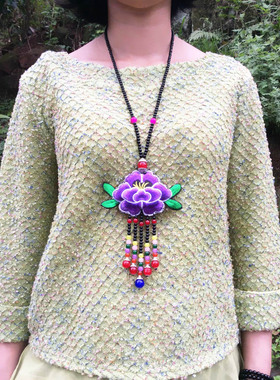 新款女式手工原创双面绣花毛衣链