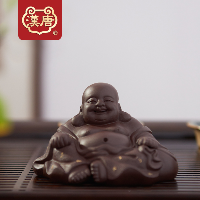 漢唐紫砂茶寵 宜興紫砂彌勒佛開心佛手工雕塑擺件茶玩功夫茶道配