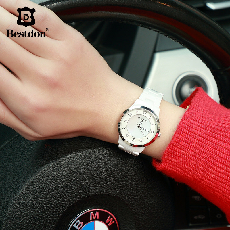 邦顿白色陶瓷正品时尚细带小石英表 bestdon帝瑞国产腕表