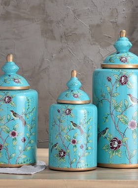 复古美式乡村手绘花鸟陶瓷罐摆件