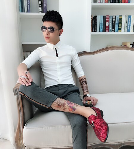 夏季新款发型师潮五分袖衬衫男款修身型青年痞帅夜店男生中袖衬衣 - 图0