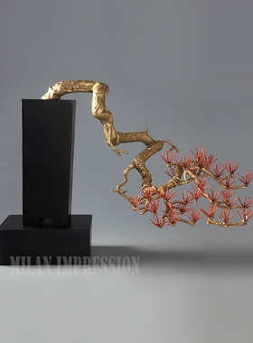 新中式风金属铜酒店会所软装松树