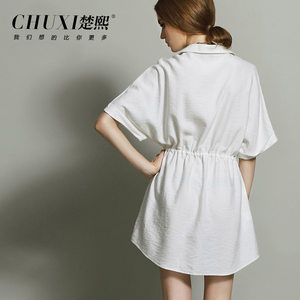 楚熙春夏新款欧洲站女装宽松大码中袖松紧带品牌棉麻连衣裙短裙子
