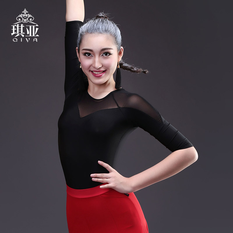 琪亞 拉丁舞上衣練功服成人女2019新款性感網紗黑色連體服裝