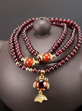 多圈酒红石榴石手链女天然水晶