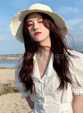 海边度假白色草帽女夏季海边沙滩遮阳防晒太阳帽日系毛边渔夫草帽