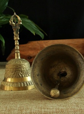 纯铜摇铃 手摇铜铃铛 法器黑款音款大号家M用桌长中式摆件回金面