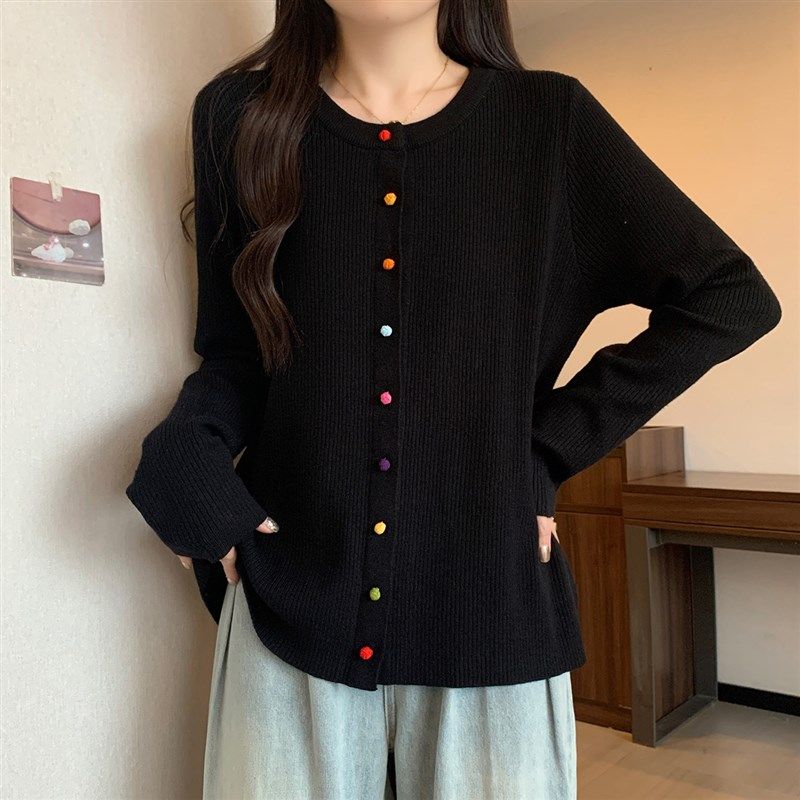 秋季大码女装洋气小众别致彩色纽扣针织开衫正肩显瘦毛衣内搭上衣,淘宝优惠券,粉丝福利购,淘宝优惠卷