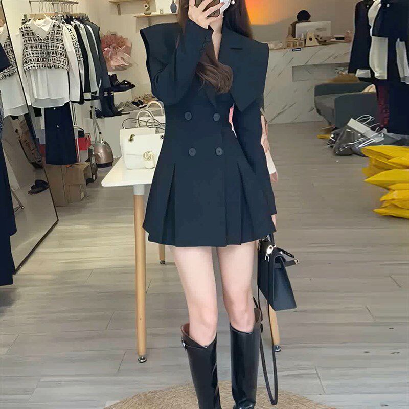 设计感拼接拨肩西装裙2023春秋新款H法式小众假两件收腰A字洋装