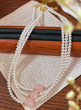 正圆强光仿澳白施家珍珠项链天然粉晶水.晶珠锁骨链