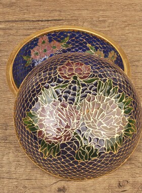 现货北京特色工艺品纯手工铜胎珐C琅脱胎透明景泰蓝粉盒首饰盒库