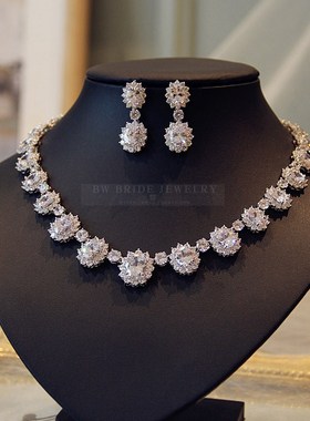 气质新娘锆石项链耳环套装奢华结婚饰品晚宴婚会首饰纱礼服配饰