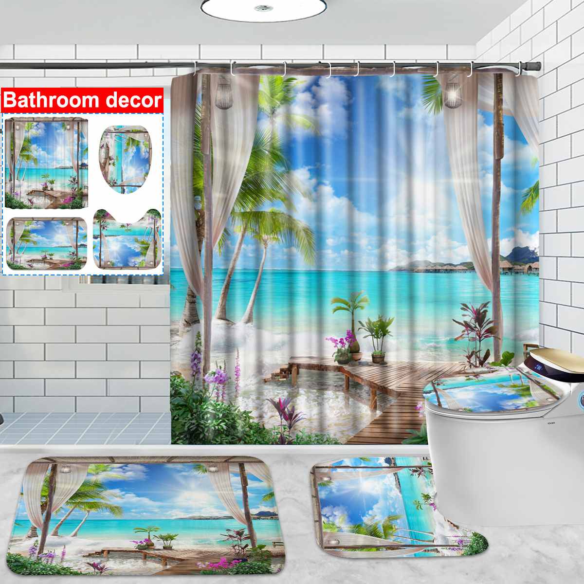 Modern 3D PrintCng Beach Scenery Shower iurtain ZSummer-图0