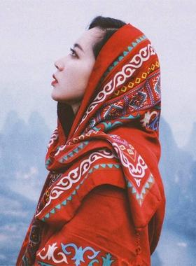茶卡盐湖旅游拍照草原沙漠防晒丝巾海边复古大红色围巾披肩两用女