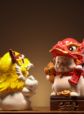 中式陶瓷招财猫舞狮可爱结婚礼物家居客厅玄关电视T柜酒柜装饰摆