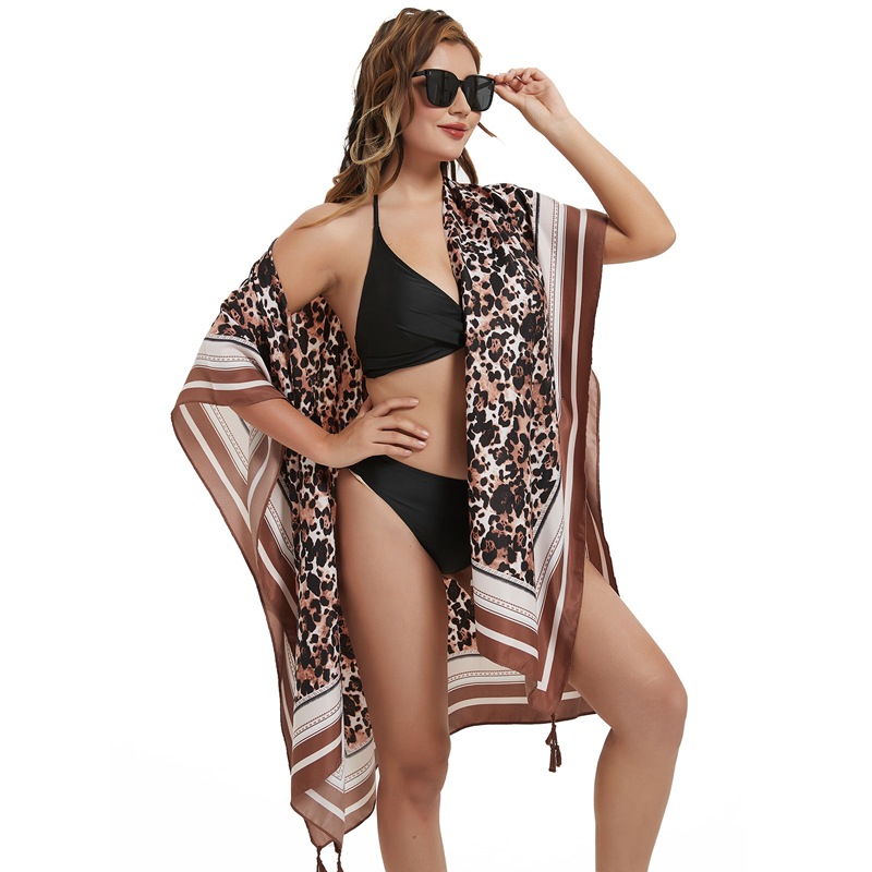 极速Long leopard patterned chiffon beach cover up shawl biki-图3