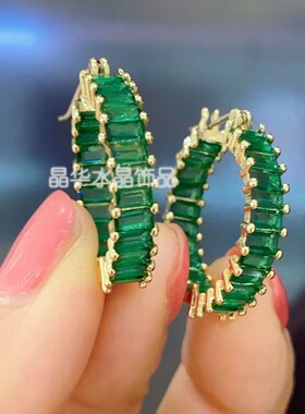 新款华子古典绿色水晶时尚大圈耳环女圆圈高级感多色小众设计耳饰