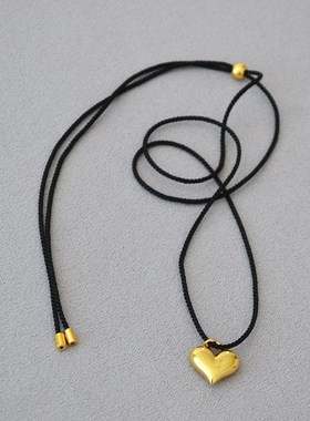 韩版小众个性简约黑色线绳抽拉调节黄铜镀金爱心吊坠X项链毛衣链